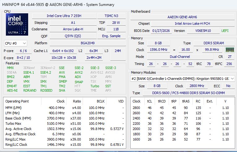 Zrzut ekranu HWiNFO64 z podsumowaniem systemu: Intel Core Ultra 7 255H, 8 GB DDR5 i płyta AAEON GENE-ARH6.