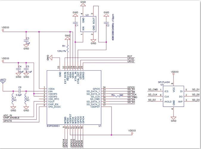 ESP8266 microcontroller connection diagram with capacitors and resistor.