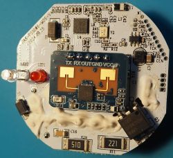 Circuit board with electronic components Printed circuit board with electronic components, including LEDs and integrated circuits.