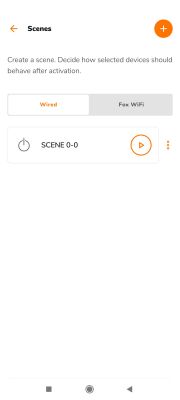 Screenshot of a device management app showing the SCENE 0-0 scene and controls for activation.