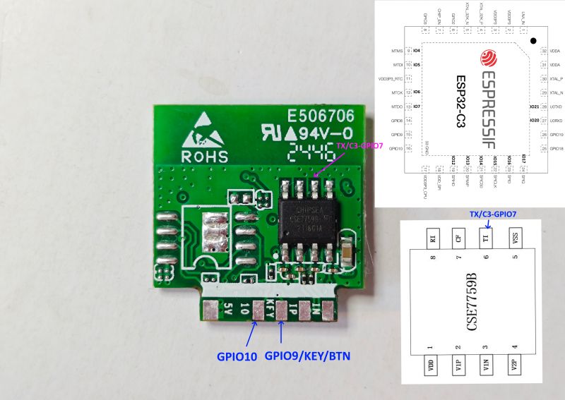 Pinout of module with CSE7759B and ESP32-C3 diagrams Photo of an electronic module with a CHIPEA CSE7759B chip, labeled pins GPIO10, GPIO9 (KEY/BTN), and TX/C3-GPIO7, plus ESP32-C3 and CSE7759B diagrams.
