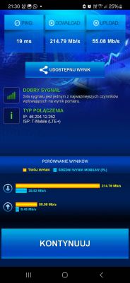 Ekran z wynikami testu prędkości internetu T-Mobile, pokazujący 214,79 Mb/s pobierania i 55,08 Mb/s wysyłania.