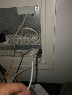 Kabel LAN z wtyczką trzymany w ręce obok skrzynki z routerem.