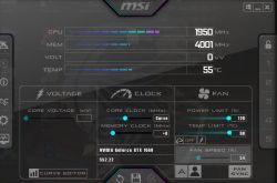 Zrzut ekranu z programu MSI Afterburner pokazujący parametry karty graficznej NVIDIA GeForce GTX 1660.