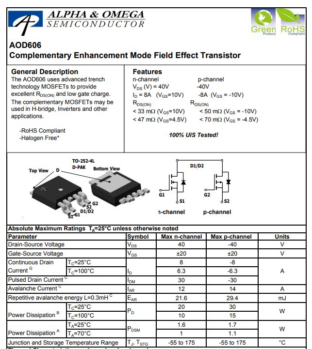 AOD606 Transistor Datasheet Datasheet of AOD606 transistor featuring specifications and diagrams.