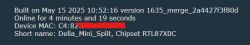 Screenshot showing device details like build date, uptime, partially redacted MAC address, short name, and chipset.