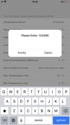 Thermostat settings screen with password entry field Device screen prompting for password entry