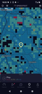 Mapa zasięgu sieci komórkowej Play z zaznaczoną lokalizacją i informacją o braku zasięgu 2G/3G