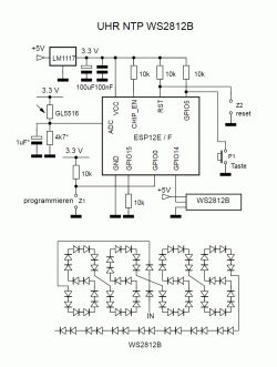 Schaltplan der NTP-Uhr mit WS2812B-LEDs Elektronisches Schaltbild einer NTP-Uhr mit WS2812B-LEDs und einem ESP12E/F-Mikrocontroller.