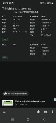 Zrzut ekranu z aplikacji NetMonster pokazujący parametry sygnału sieci T-Mobile 4G LTE 900 i 800 MHz.