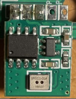 Image of a circuit board with several electronic components, including a sensor labeled BP0315-01# HMNST.