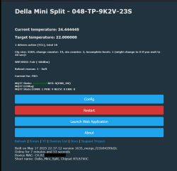 Della Mini Split control panel showing temperature, connection and system status.