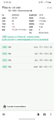 Zrzut ekranu z aplikacji ukazującej szczegóły sieci mobilnej LTE 1800 dla Play z różnymi parametrami sygnału i lokalizacjami.