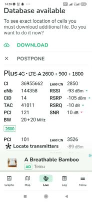 Zrzut ekranu z aplikacji Network Cell Info z parametrami LTE-A sieci Plus.