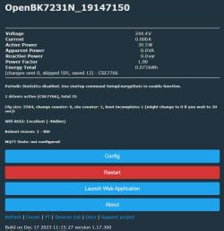 OpenBK7231N control panel with energy readings, WiFi status, and configuration buttons.