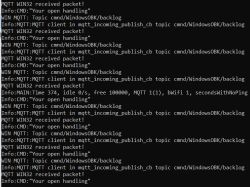 Console with repeated MQTT debug messages showing packet receipt and command handling