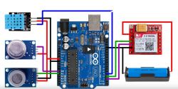 Schemat układu z Arduino, czujnikami i modułem GSM SIM800L zasilanym baterią 18650.