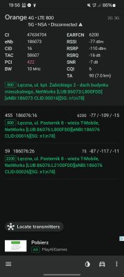 Zrzut ekranu z aplikacji pokazującej parametry połączenia Orange 4G LTE 800