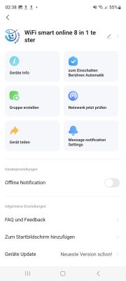 App screen for WiFi smart online 8 in 1 tester showing various settings and notifications options.