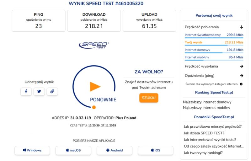 Zrzut ekranu z wynikiem testu prędkości internetu z serwisu SpeedTest.pl