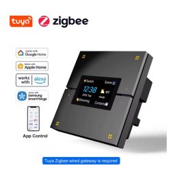 Black smart home wall panel with a screen, with Tuya and Zigbee logos shown