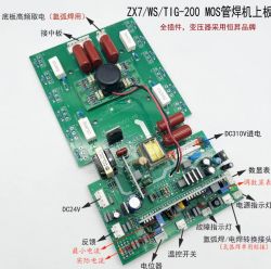Płytka elektroniczna do spawarki TIG-200 z oznaczeniami elementów.
