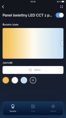 LED CCT Panel App Interface App interface for LED CCT panel showing brightness and light color control.
