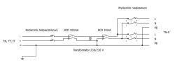 Schemat elektryczny z transformatorem 230/230 V i zabezpieczeniami RCD.