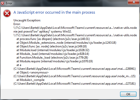 [Rozwiązano] Aplikacja Teams nie działa (A javascript error occurred in ...