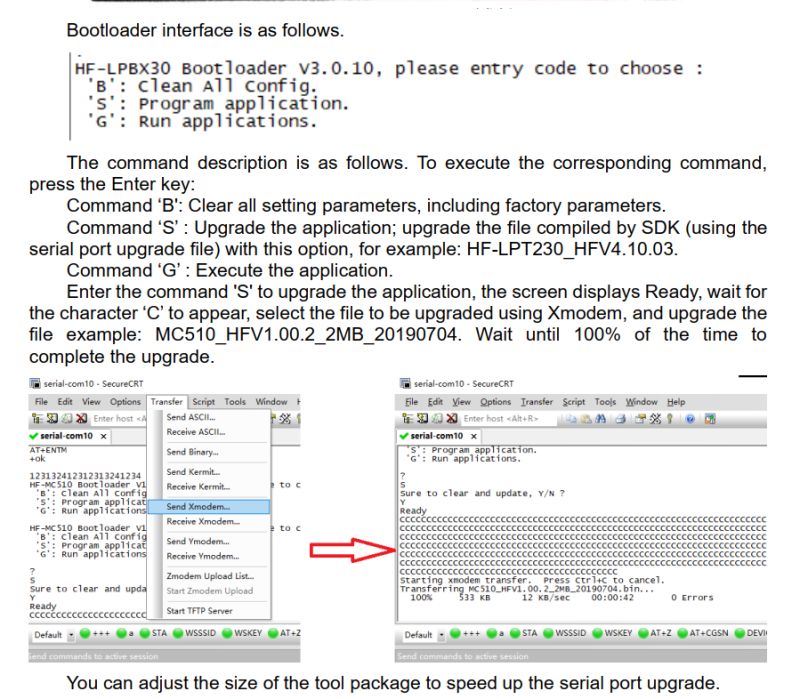 A screenshot showing firmware update instructions for the HF-LPBX30 bootloader, its command menu, and file upload via Xmodem in a terminal program.