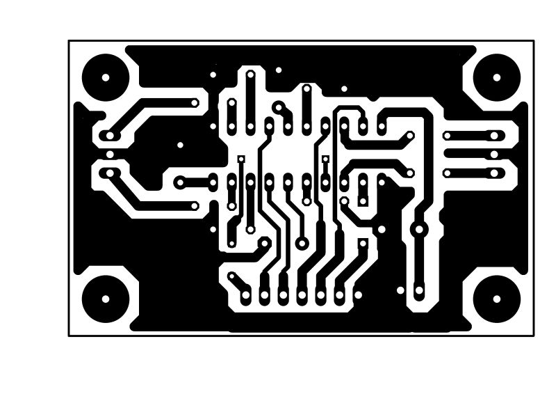 Czarno-biały projekt ścieżek płytki drukowanej PCB z widocznymi przelotkami i otworami montażowymi.