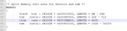 Image of a code snippet for configuring memory split into areas for vectors and RAM.