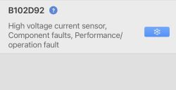 Screenshot showing code B102D92 and a fault description for a high-voltage current sensor