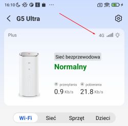 Panel aplikacji routera ZTE z informacją o połączeniu 4G i prędkością internetu