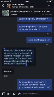 Screenshot of a text conversation about replacing electronic components.