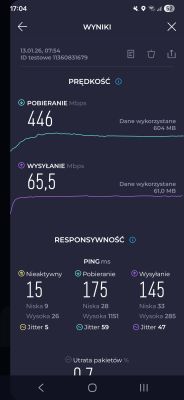 Zrzut ekranu z aplikacji pokazujący wynik testu prędkości internetu: pobieranie 446 Mb/s, wysyłanie 65,5 Mb/s.