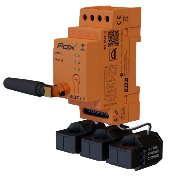 Orange FOX ENERGY-3 energy meter with three current transformers.