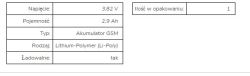 Tabela z danymi technicznymi akumulatora litowo-polimerowego o napięciu 3,82 V i pojemności 2,9 Ah.