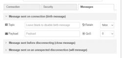User interface showing MQTT message settings in Node-RED.