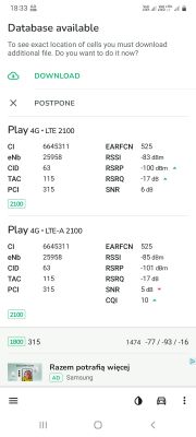 Zrzut ekranu danych sieciowych z telefonu Samsung A41 Dual SIM z dwoma kartami sieci Play.