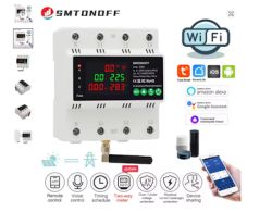 SMTONOFF three-phase energy meter with WiFi module, LED display, and antenna, shown with feature icons and supported app logos.
