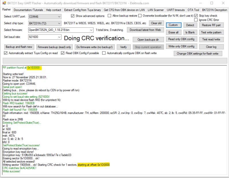 BK7231 Easy UART Flasher interface showing flash and CRC check process