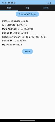 mhflasher App Interface Interface of the mhflasher app on Android showing connected device information.