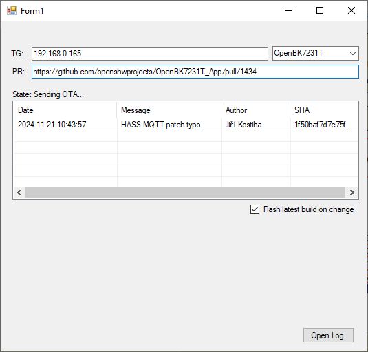 User Interface for Updating OpenBK7231T Screenshot of Form1 application showing interface for updating OpenBK7231T via GitHub