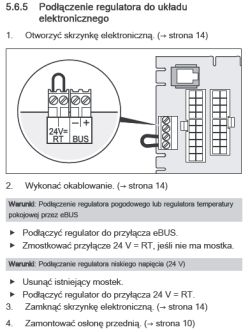 Zrzut instrukcji z rysunkiem zworki między 24V i RT oraz podłączenia do eBUS