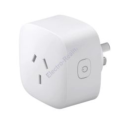 Smart Plug with Power Button White smart plug with a power button on the side.