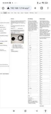 Configuration interface of Smart Home device Tuya S18 with pin settings and channel types.
