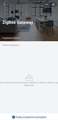 App screen showing “ZigBee Gateway” with status “Online devices: 0” and an empty device list