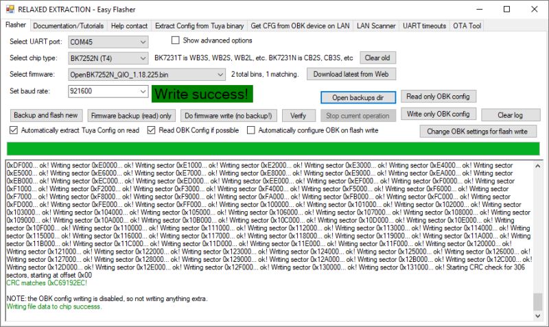 Easy Flasher interface with Write success! message and flash writing log