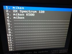 Software list on a computer screen with options including mikan and ZX Spectrum 128.